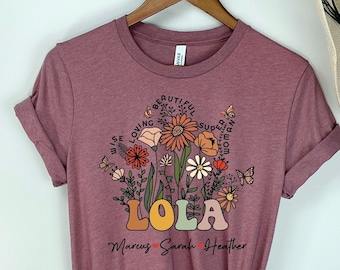Custom Lola Shirt With Grandkids Names Mother&#39;s Day Gift Lola Wildflowers TShirt Filipino Family Gift Philippine Shirt Filipina Grandma Tees