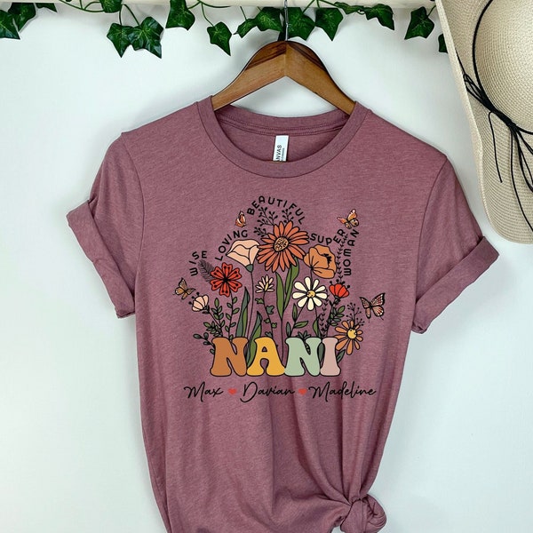 Benutzerdefinierte Nani Shirt mit Enkel Namen Muttertagsgeschenk Mamu Wildblumen TShirt Omas Garten Shirt personalisierte Blumen Tees Khala Geschenk