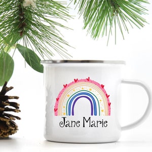 Niedliche Regenbogen Tasse für Mädchen l Personalisierte Tasse für Kinder l Lagerfeuer, Camping Becher l Geburtstagsgeschenke, Weihnachtsgeschenk mit Geschenkverpackung