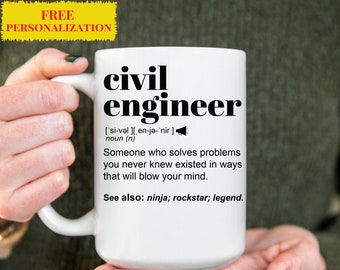 Divertida taza de regalo de ingeniero civil para hombres y mujeres. Para cumpleaños, agradecimiento, regalo de agradecimiento, una taza de café personalizada con nombre.