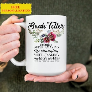 Personalized Bank Teller Gift for Women l Thank You, Appreciation, Birthday, Christmas, Going Away Present l Custom Name Floral Cup