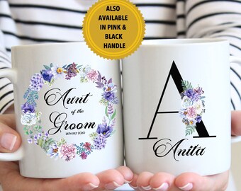 Tante des Bräutigams Becher, personalisiertes Hochzeitsgeschenk, Blumenmonogramm Kaffeetasse