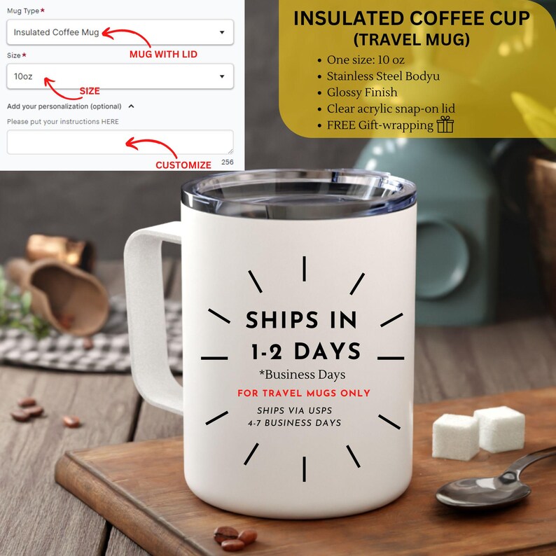 May include: White insulated travel mug with a black lid and a black graphic that says "Ships in 1-2 Days *Business Days For Travel Mugs Only Ships via USPS 4-7 Business Days".