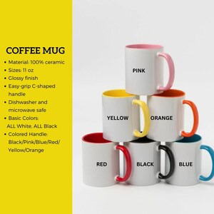 May include: Stacked white ceramic coffee mugs with colored interiors and handles. The mugs have pink, yellow, orange, red, black, and blue accents. Each mug is labeled with its corresponding color. The text "COFFEE MUG" is in the upper left corner.