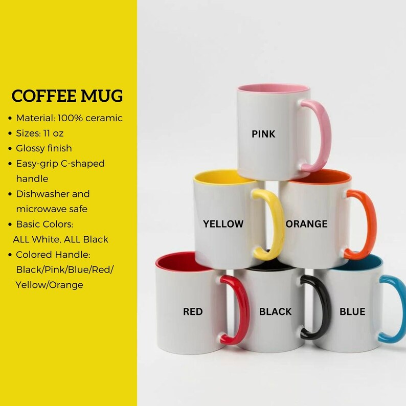 May include: Stacked white ceramic coffee mugs with colored interiors and handles. The mugs have pink, yellow, orange, red, black, and blue accents. Each mug is labeled with its corresponding color. The text "COFFEE MUG" is in the upper left corner.