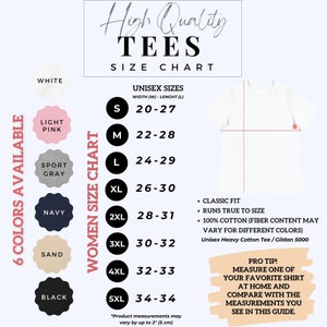 May include: A size chart for unisex t-shirts with a white t-shirt mockup. The chart shows sizes from S to 5XL with corresponding width and length measurements in inches. The chart also includes information about the fit, fabric, and care instructions. The chart is titled "High Quality Tees Size Chart".