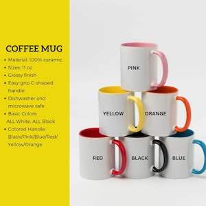Op de afbeelding: Zes keramische koffiemokken met gekleurde handvatten. De mokken zijn wit met een gekleurde rand. De kleuren zijn roze, geel, oranje, rood, zwart en blauw. De mokken zijn elk 11 ounce.