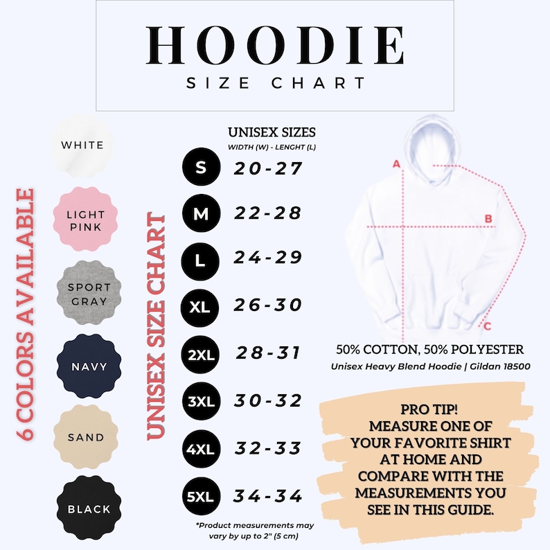 May include: A size chart for unisex hoodies, showing different colors available and measurements in inches. The chart includes sizes from S to 5XL, with corresponding width and length measurements. The fabric composition is 50% cotton and 50% polyester. The chart also includes a tip on how to measure a favorite shirt for a better fit.