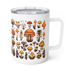 May include: White ceramic travel mug featuring a colourful illustration of different mushrooms and plants. The mug has a stainless steel lid and a white handle.