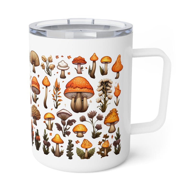 May include: White ceramic travel mug featuring a colourful illustration of different mushrooms and plants. The mug has a stainless steel lid and a white handle.