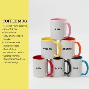 Puede incluir: Seis tazas de caf&eacute; de cer&aacute;mica blanca con bordes y asas de colores. Las tazas est&aacute;n apiladas en forma de pir&aacute;mide. Los colores de los bordes y las asas son rosa, amarillo, naranja, rojo, negro y azul. Las tazas tienen una capacidad de 11 y 15 onzas.