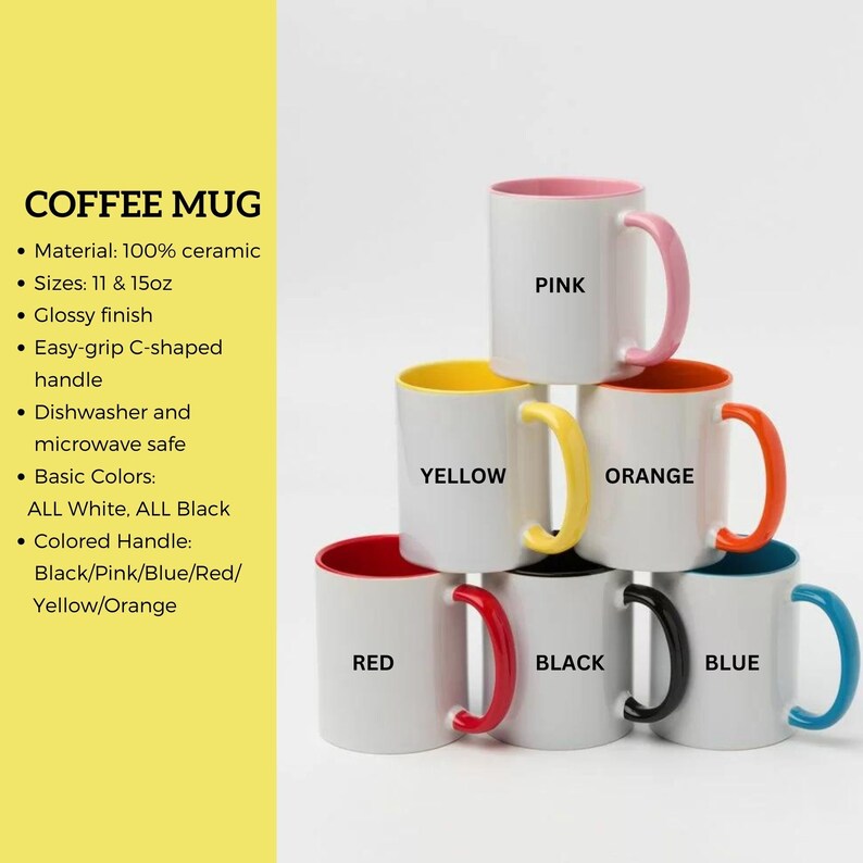 Puede incluir: Seis tazas de caf&eacute; de cer&aacute;mica blanca con bordes y asas de colores. Las tazas est&aacute;n apiladas en forma de pir&aacute;mide. Los colores de los bordes y las asas son rosa, amarillo, naranja, rojo, negro y azul. Las tazas tienen una capacidad de 11 y 15 onzas.