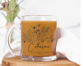 Gift for Bonus Mom of the Bride Personalized Glass Mug Stepmom of the Bride Wedding Gift Custom Floral Mug for Unbiological Mom Cup for Her
