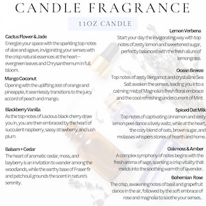 May include: A candle fragrance guide with 11oz candles in various scents, including Cactus Flower & Jade, Mango Coconut, Blackberry Vanilla, Balsam + Cedar, Lemon Verbena, Ocean Breeze, Spiced Oat Milk, Oakmoss & Amber, and Bohemian Rose. Each scent description includes notes of the fragrance.