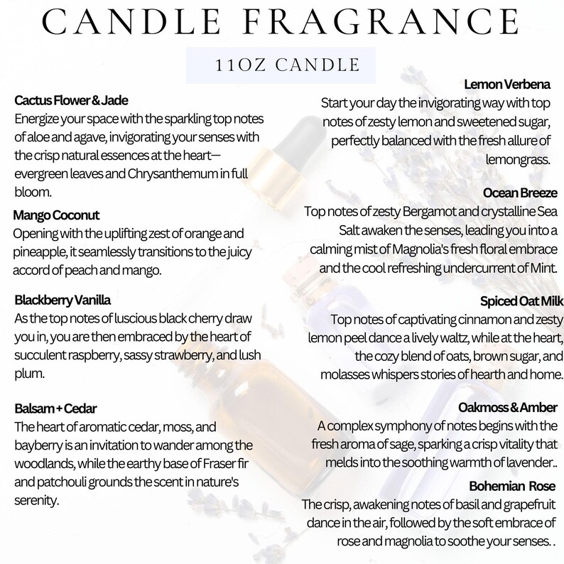 May include: A candle fragrance guide with 11 different scents. Each scent is described with a short paragraph about the notes and the overall fragrance. The candle is 11 ounces.