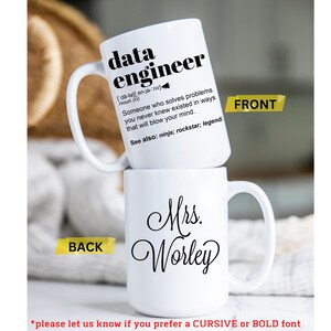 May include: Two white ceramic mugs stacked on top of each other. The top mug has the words "data engineer" and a definition printed on it. The bottom mug has the name "Mrs. Worley" in cursive. The image also includes the text "FRONT" and "BACK".