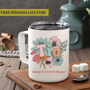 Taza de viaje para tía, regalo para tía, taza de café con aislamiento, regalo de cumpleaños para tía, taza personalizada para tía con nombre de niño, anuncio de bebé, regalo de revelación de embarazo