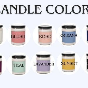 May include: Candle jars in various colors, including tan, blush, rose, oceana, navy, plum, teal, lavender, sunset, and black. The jars are labeled with the corresponding color names.