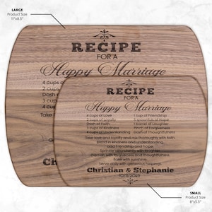 Tabla de cortar de nogal personalizada para bodas, receta para un matrimonio feliz, regalo de boda personalizado para parejas, idea de regalo de inauguración para recién casados. imagen 3