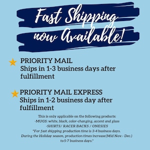 Puede incluir: Un gr&aacute;fico azul y blanco con el texto "Env&iacute;o r&aacute;pido ahora disponible!" e informaci&oacute;n sobre las opciones de env&iacute;o por correo prioritario. El texto indica que el correo prioritario se env&iacute;a en 1-3 d&iacute;as h&aacute;biles despu&eacute;s del cumplimiento y que el correo prioritario expr&eacute;s se env&iacute;a en 1-2 d&iacute;as h&aacute;biles despu&eacute;s del cumplimiento. El gr&aacute;fico tambi&eacute;n enumera los productos que califican para estas opciones de env&iacute;o, que incluyen tazas, camisas, espaldares de corredor y mamelucos.