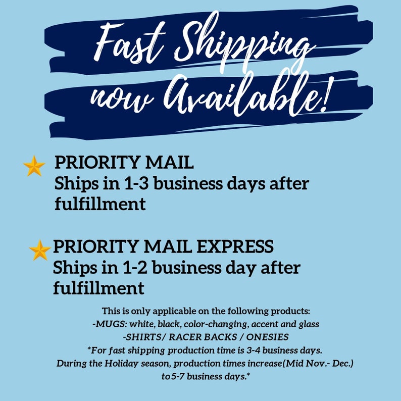 Puede incluir: Un gr&aacute;fico azul y blanco con el texto "Env&iacute;o r&aacute;pido ahora disponible!" e informaci&oacute;n sobre las opciones de env&iacute;o por correo prioritario. El texto indica que el correo prioritario se env&iacute;a en 1-3 d&iacute;as h&aacute;biles despu&eacute;s del cumplimiento y que el correo prioritario expr&eacute;s se env&iacute;a en 1-2 d&iacute;as h&aacute;biles despu&eacute;s del cumplimiento. El gr&aacute;fico tambi&eacute;n enumera los productos que califican para estas opciones de env&iacute;o, que incluyen tazas, camisas, espaldares de corredor y mamelucos.