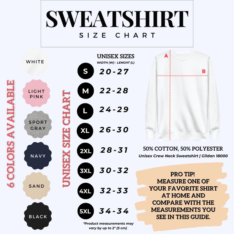 May include: Unisex sweatshirt size chart with measurements in inches. The chart shows the width and length of the sweatshirt in inches for sizes S through 5XL. The chart also includes a list of colors available: white, light pink, sport gray, navy, sand, and black. The chart includes a diagram of a sweatshirt with measurements labeled A and B.