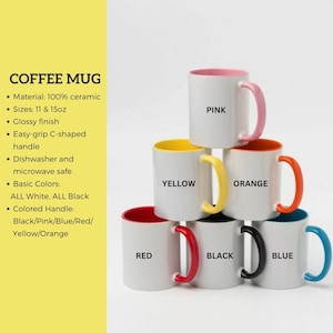 May include: Six white ceramic coffee mugs with coloured rims and handles. The mugs are stacked in a pyramid shape. The colours of the rims and handles are pink, yellow, orange, red, black, and blue. The mugs are 11 and 15 ounces.