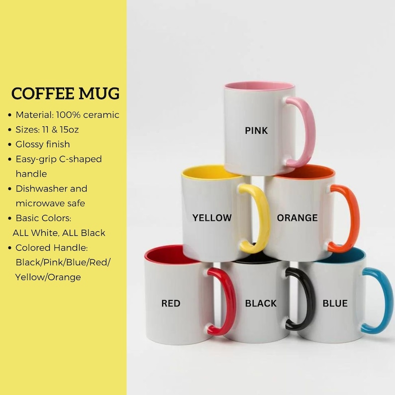 May include: Six white ceramic coffee mugs with coloured rims and handles. The mugs are stacked in a pyramid shape. The colours of the rims and handles are pink, yellow, orange, red, black, and blue. The mugs are 11 and 15 ounces.
