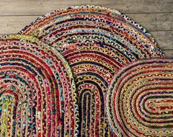 Colourful And Hard Wearing Chindi Cotton And Jute Oval Rug For Home Interior Use Available In Four Sizes