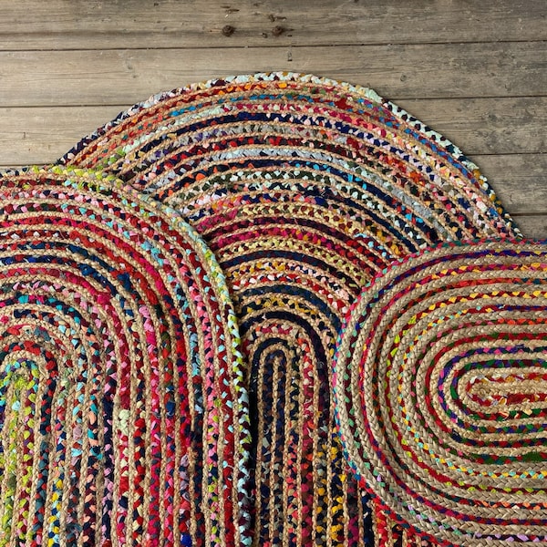 Colourful And Hard Wearing Chindi Cotton And Jute Oval Rug For Home Interior Use Available In Four Sizes