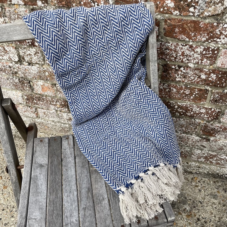 Chevron design, soft, recycled cotton handloom throw, A Fair Trade blanket 150cm X 125cm INDIGO BLUE