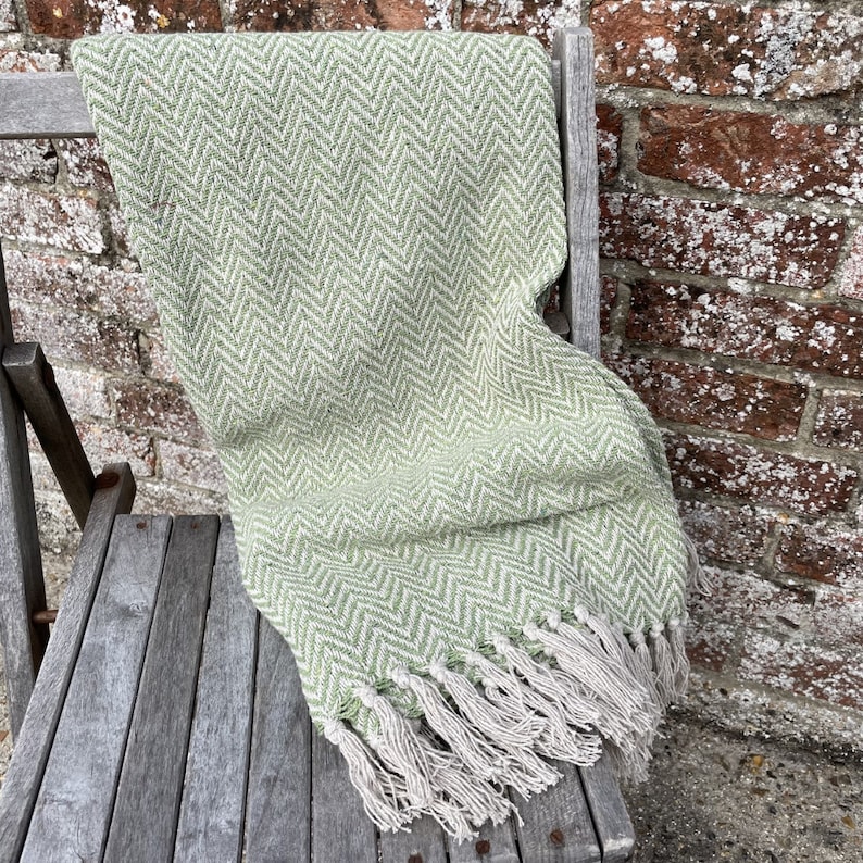 Chevron design, soft, recycled cotton handloom throw, A Fair Trade blanket 150cm X 125cm SAGE GREEN