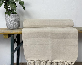 Extra-large 100% Soft Cotton Throw In Neutral Cream Shades With Fringed Edge 230cm X 365cm