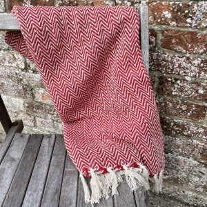 Chevron design, soft, recycled cotton handloom throw, A Fair Trade blanket 150cm X 125cm RED