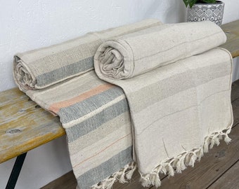 100% Cotton Handloomed Striped Bedspread Pastel Natural Colour Throw 180cm X 230cm