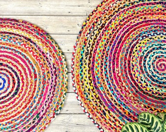 Round Multi Colour Cotton Jute Braided Rag Rug Recycled Materials  Fair Trade