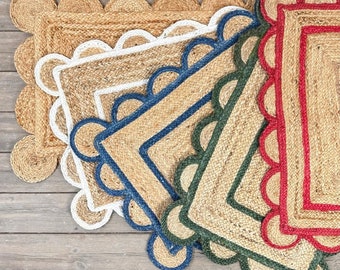 Small Rectangle Jute Rugs With Scallop Edge And Coloured Frame Size: 60cm X 90cm