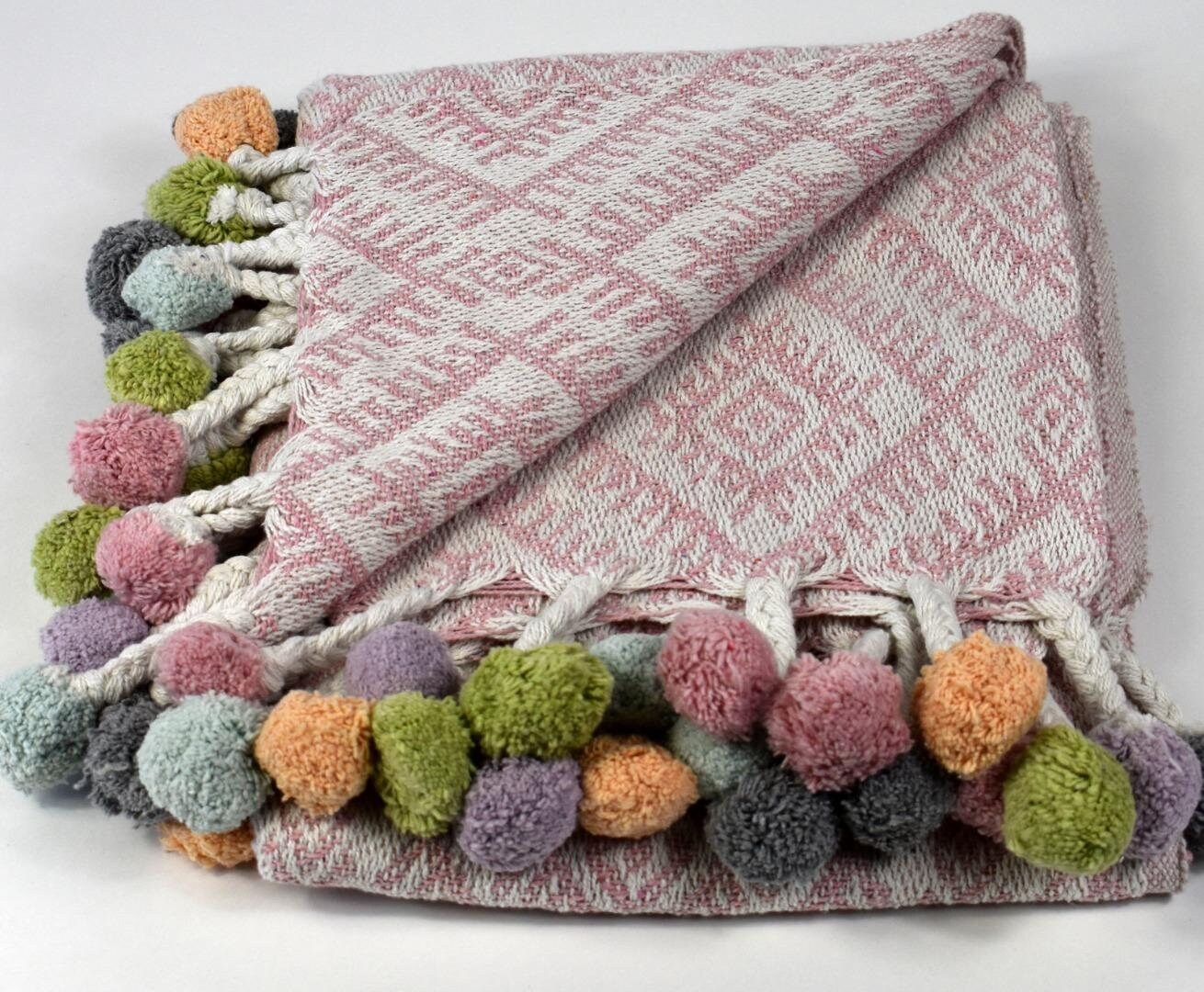 Recycled Cotton Throw With Multicoloured Pom Pom Etsy UK