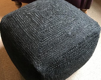 Square, Black Jute Pouffe, Cushioned Foot Stool, Ottoman Or Low Seat