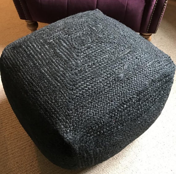 Square Black Jute Pouffe Cushioned Foot Stool Ottoman or 