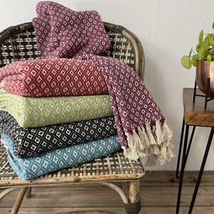 Soft recycled cotton handloomed blanket or throw - diamond weave pattern 180cm X 130cm.