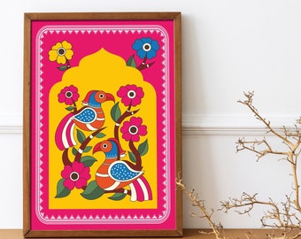 May include: A framed print with a pink background and a yellow archway. The archway features three colorful birds with blue, red, and yellow accents, perched on a branch with pink and green flowers.