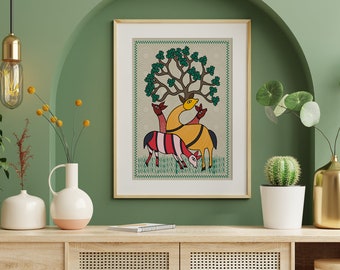 May include: A colorful folk art print featuring a yellow deer with two smaller deer, one with red and white stripes, under a green tree with a brown trunk. The print is framed in a light wood frame.