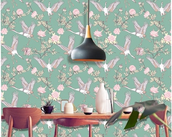 Green floral Birds wallpaper for home decor | Peel and stick removable wall paper | Home decor | Wall mural