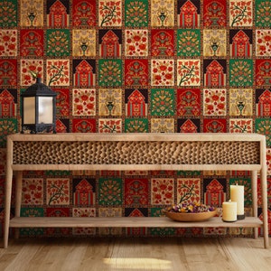 Ethnic India Collage Wallpaper for Home Decor. Mughal Theme Wall Mural. Removable Peel and Stick Wallpaper.