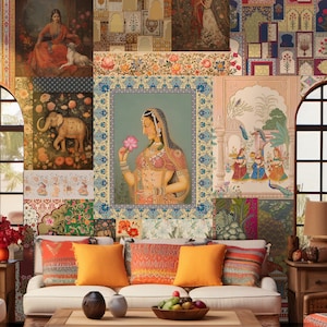 Ethnic India Collage Wallpaper for Home Decor. Mughal Theme Wall Mural. Removable Peel and Stick Wallpaper.