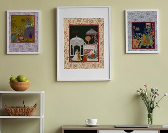 Indian Mughal Era Art Print Set of 3. Traditional Vintage Art. Ethnic Pattern Wall Art. Living Room Decor. Instant Digital Download.