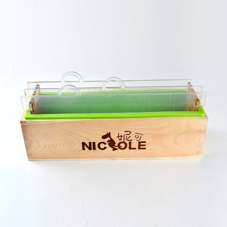 Rectangular Silicone Render Soap Mold with Wood Box and Transparent Vertical Acrylic Clapboard for Handmade Loaf Mould