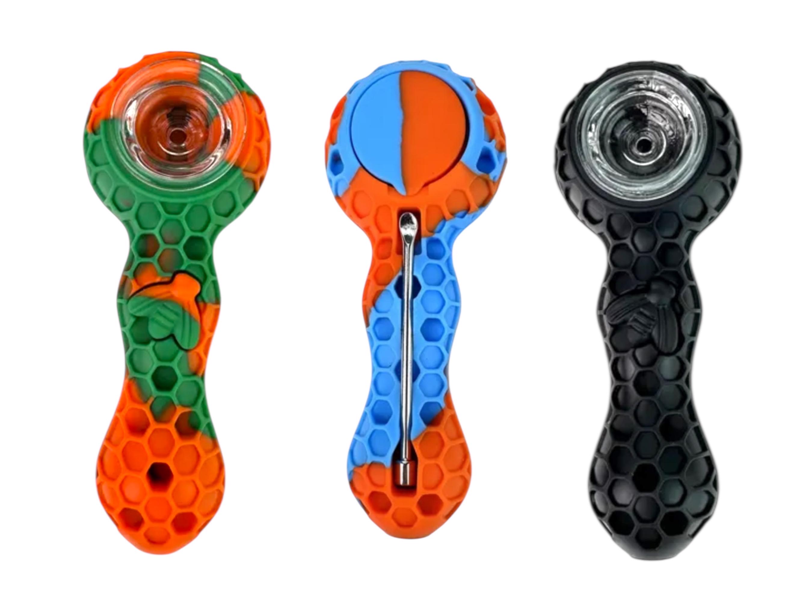 rubber tobacco pipe 3-pack Silicone Smoking Set With Glass Bowl and Built-in Tool – Random Mixed Colors, Durable & Travel-friendly Sneak a Toke Metal Bullet