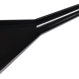 May include: A black plastic dustpan with a long handle. The dustpan is triangular shaped and has a slight curve to the handle.